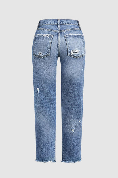 Raw Hem Ripped Mid Rise Straight Leg Crop Jeans