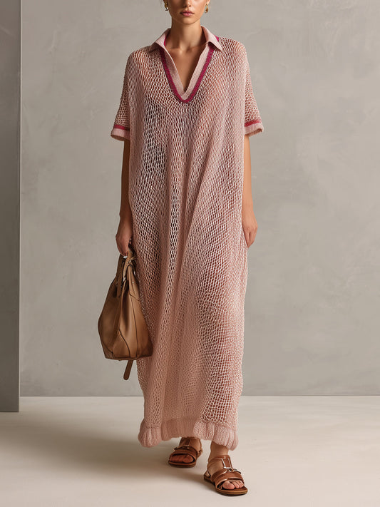 Chic Elegant Pink Lapel V-Neck Short-Sleeve Contrast Trim Detail Hollow Out Oversize Knit Maxi Dress
