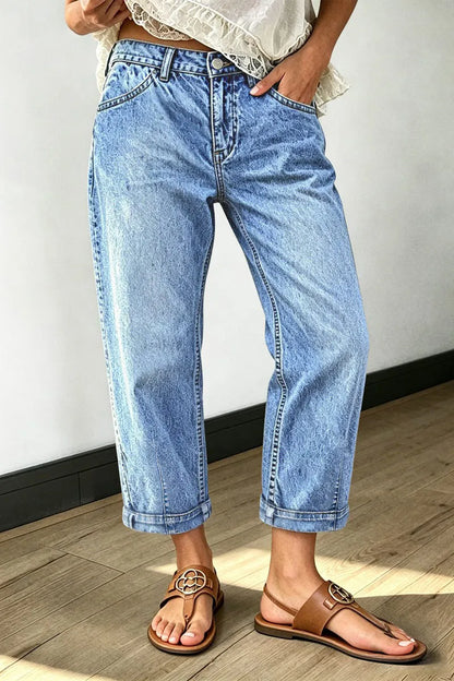 Wash Stitch Detail Mid Waist Tapered Crop Jeans
