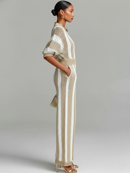 Stylish Elegant White-Beige Striped Mesh V-neck Short-Sleeve Loose-Fit Wide-Leg Ribbed Knit Jumpsuit