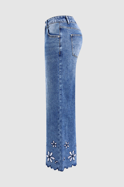 Floral Embroidery Scallop Trim Mid Rise Wide Leg Crop Jeans