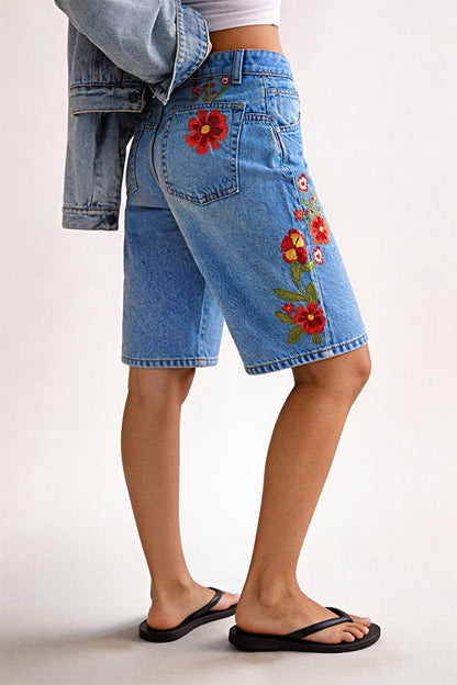 Wash Floral Embroidery V Yoke Mid Rise Straight Leg Denim Bermuda Shorts