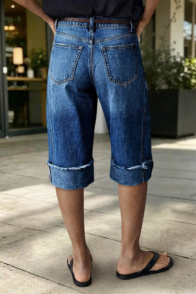 Seam Front Raw Hem High Rise Denim Bermuda Shorts Without Belt