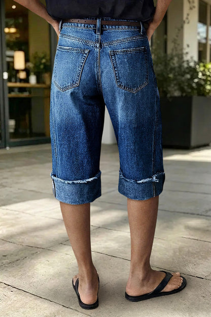 Seam Front Raw Hem High Rise Denim Bermuda Shorts Without Belt