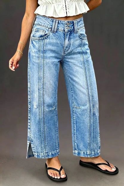 Wash Side Split Ripped Detail Mid Waist Wide Leg Cropped Jeans