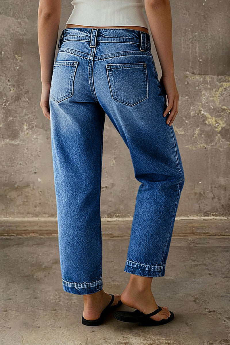 Stitch Detail Mid Waist Straight Leg Crop Jeans
