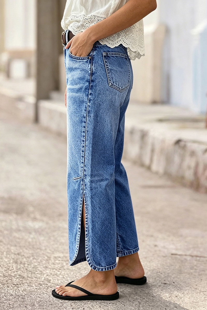 Wash Side Split Hem Detail Mid Waist Wide Leg Cropped Jeans Without Belt