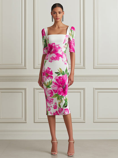 Elegant Floral Square-Neck Midi Sheath Dress