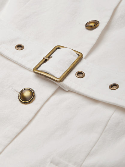 Robe Midi en Lin, Manches Courtes, Col Châle, Unie, Boutons, Style Vintage Français, Blanc