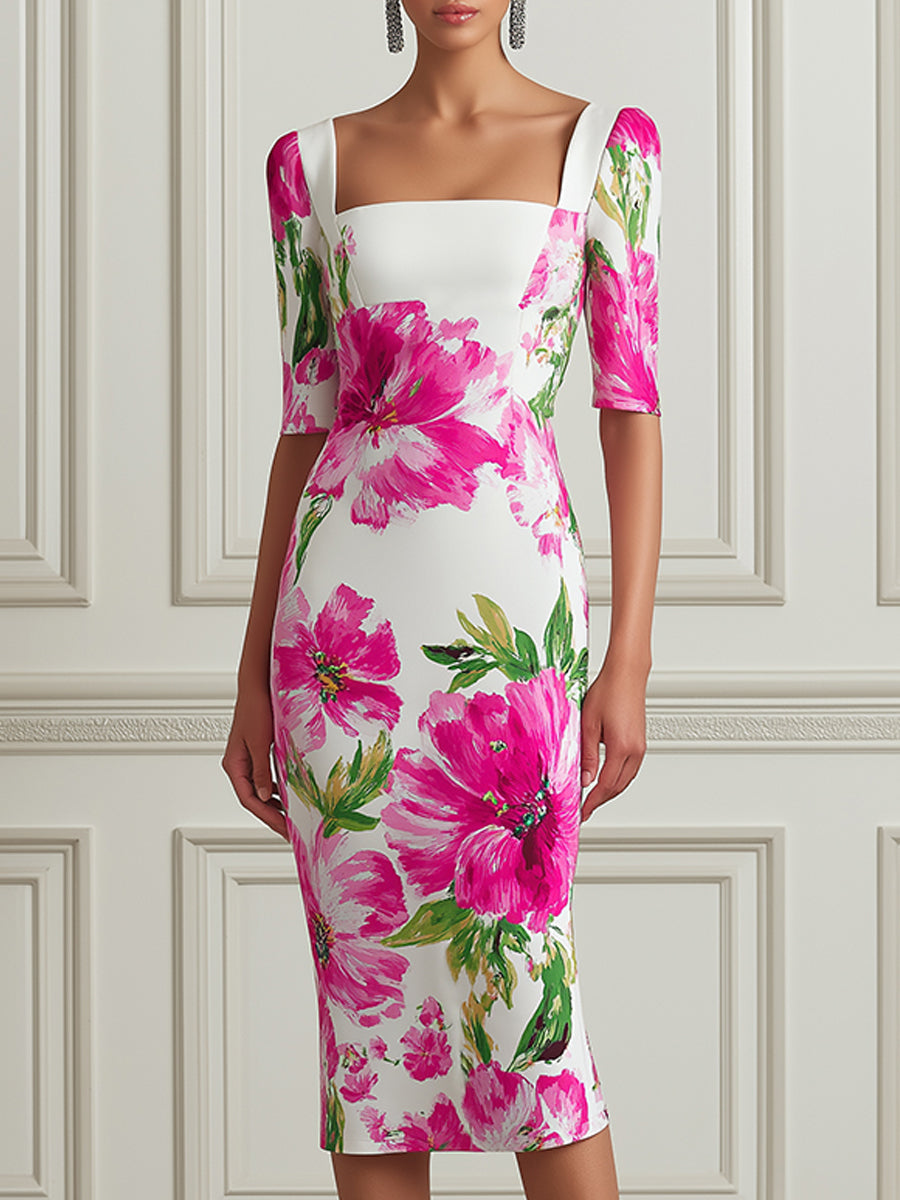 Elegant Floral Square-Neck Midi Sheath Dress