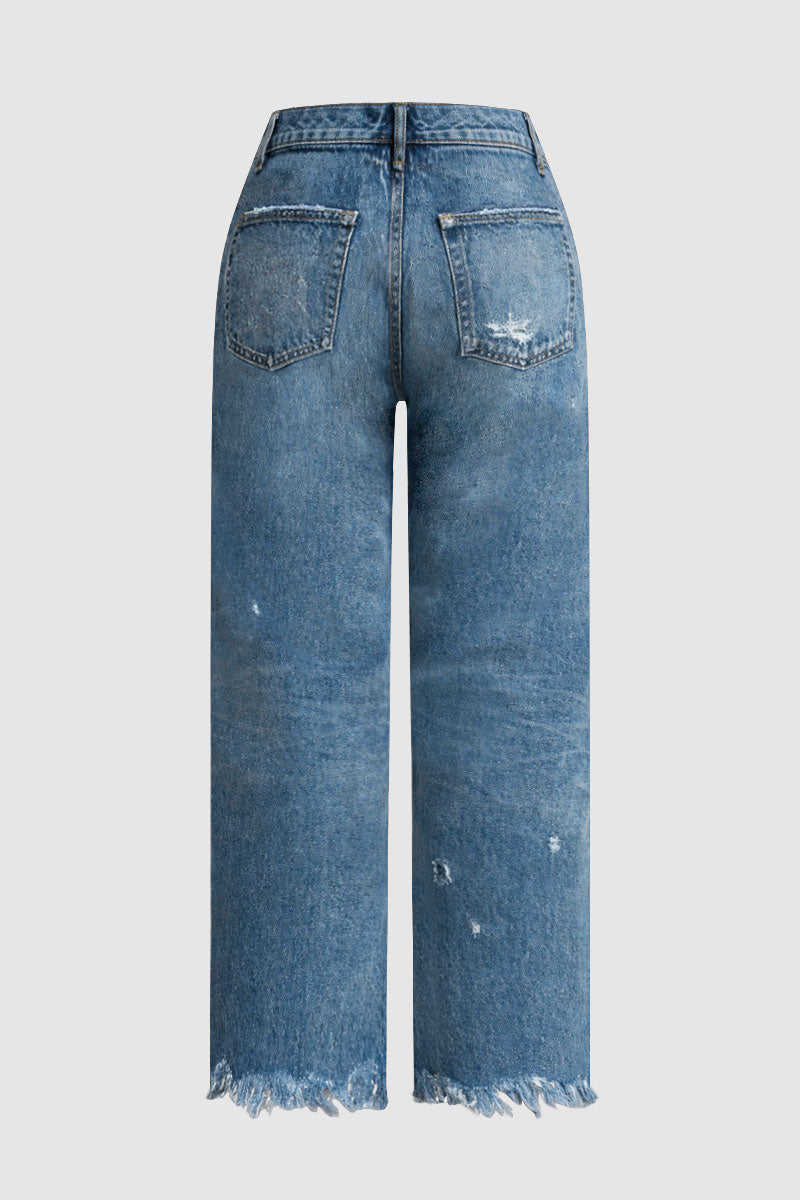 Wash Raw Hem Ripped Mid Rise Crop Straight Leg Jeans