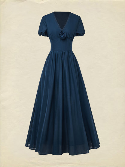 Robe longue en lin, manches courtes, col en V, unie, dentelle, vintage, bleue