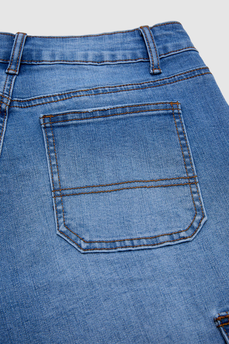 Wash Raw Hem Flap Pocket Mid Waist Denim Bermuda Shorts Without Belt