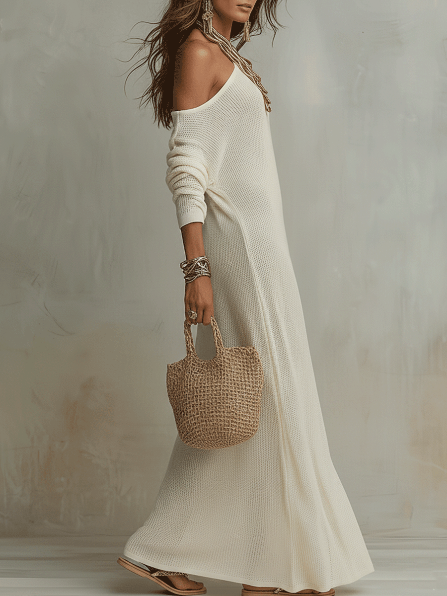 Robe longue texturée bohème asymétrique de couleur ivoire doux