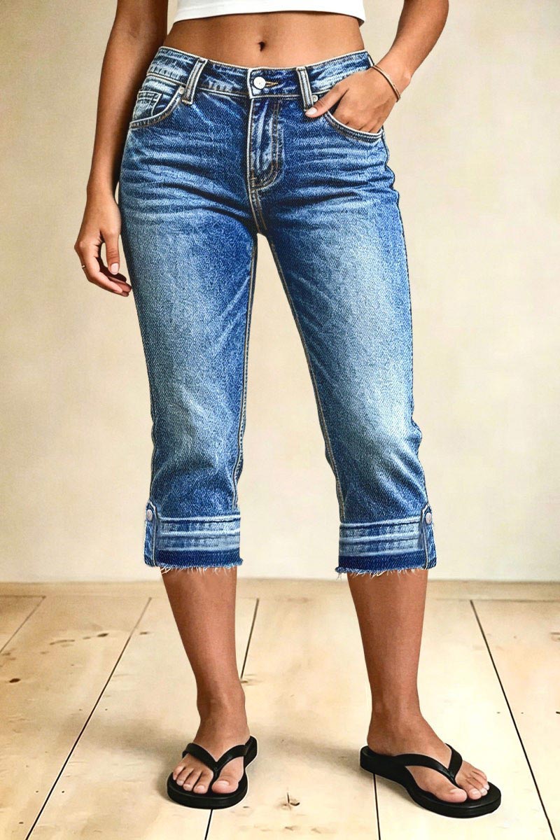 Raw Hem Button Tab Mid Waist Skinny Capri Jeans