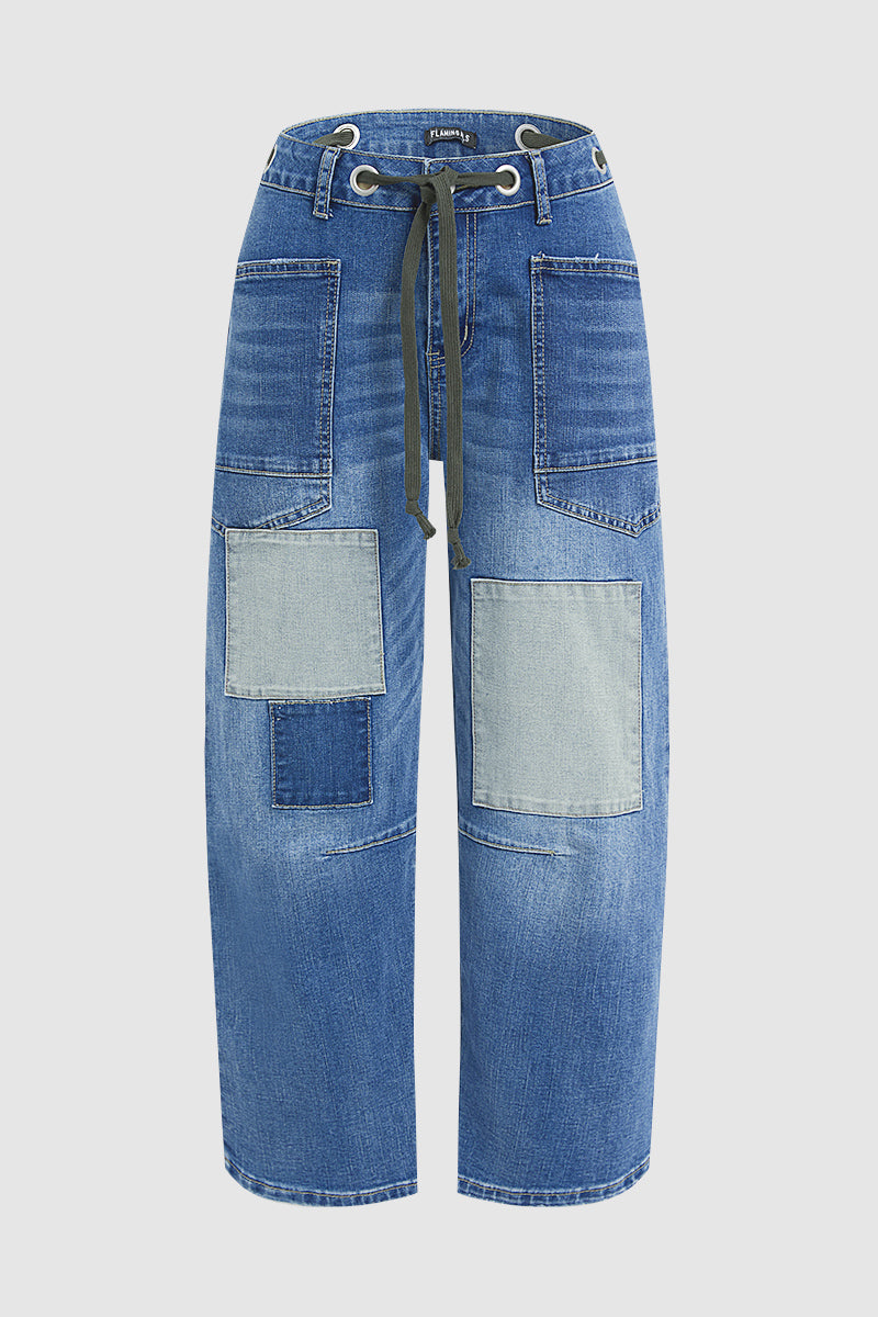 Drawstring Patch Pocket Mid Waist Barrel Leg Jeans