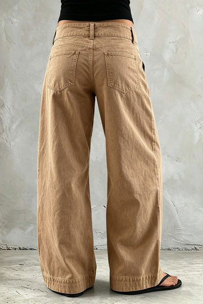 Solid Patched Pocket Mid Waist Wide Leg Pants