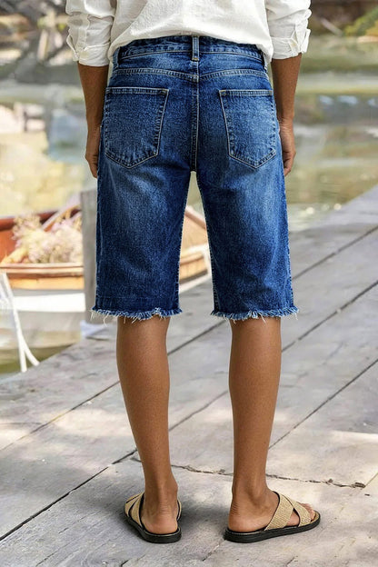 Raw Hem Ripped High Waist Denim Bermuda Shorts