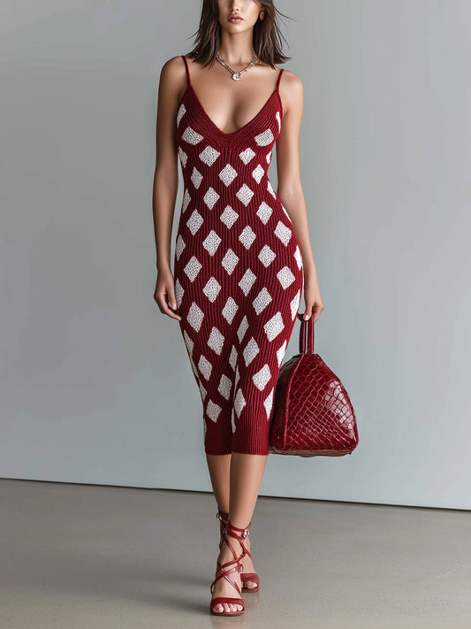 Chic Elegant Burgundy-White Argyle Jacquard V-Neck Sleeveless Slim-Fit Ribbed Knit Bodycon Midi Dress