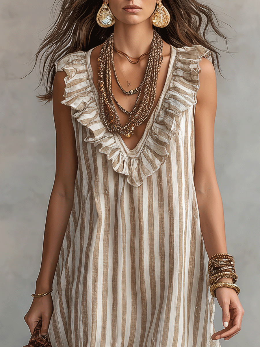 Robe longue rayée bohème décontractée à volants