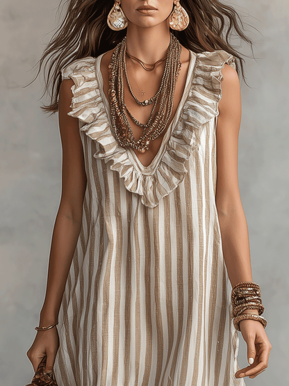 Robe longue rayée bohème décontractée à volants