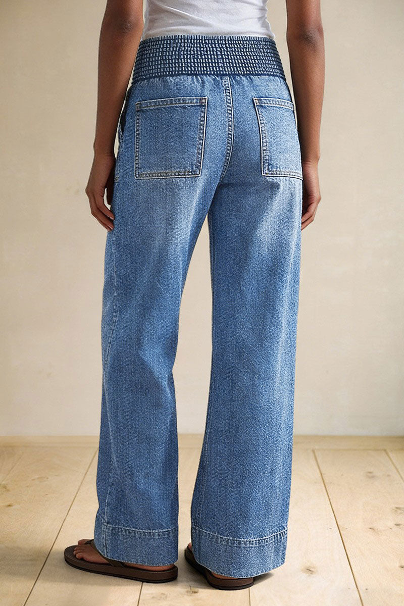 Wash Patch Pocket Tie Front Shirred High Rise Wide Leg Jeans