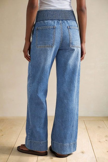 Wash Patch Pocket Tie Front Shirred High Rise Wide Leg Jeans