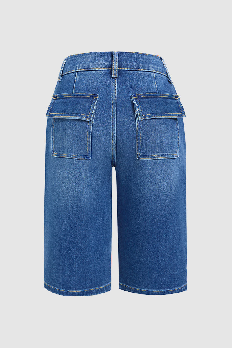 Wash Flap Pocket Drawstring Mid Rise Denim Bermuda Shorts
