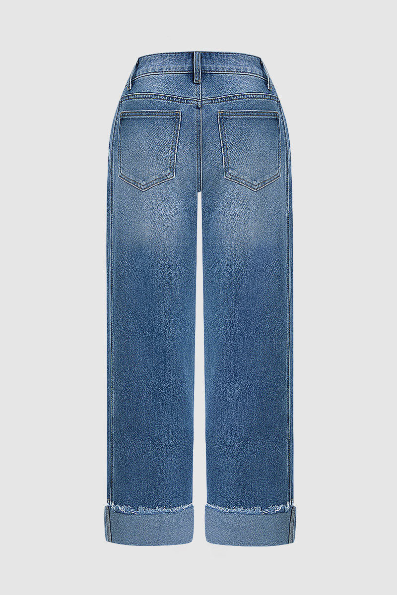 Wash Seam Front Roll Raw Hem Mid Rise Straight Leg Crop Jeans Without Belt