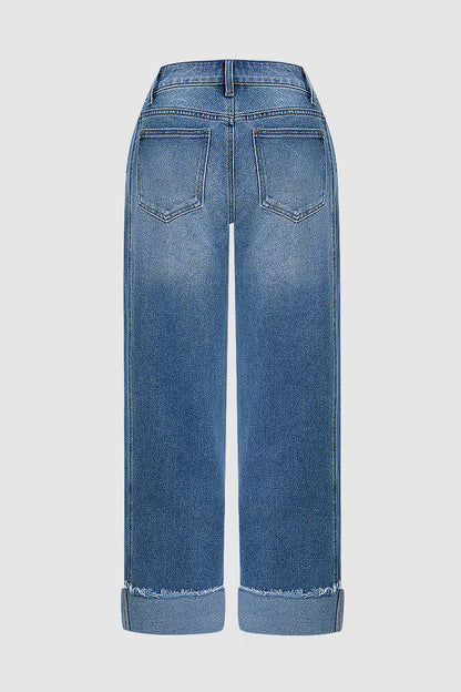 Wash Seam Front Roll Raw Hem Mid Rise Straight Leg Crop Jeans Without Belt