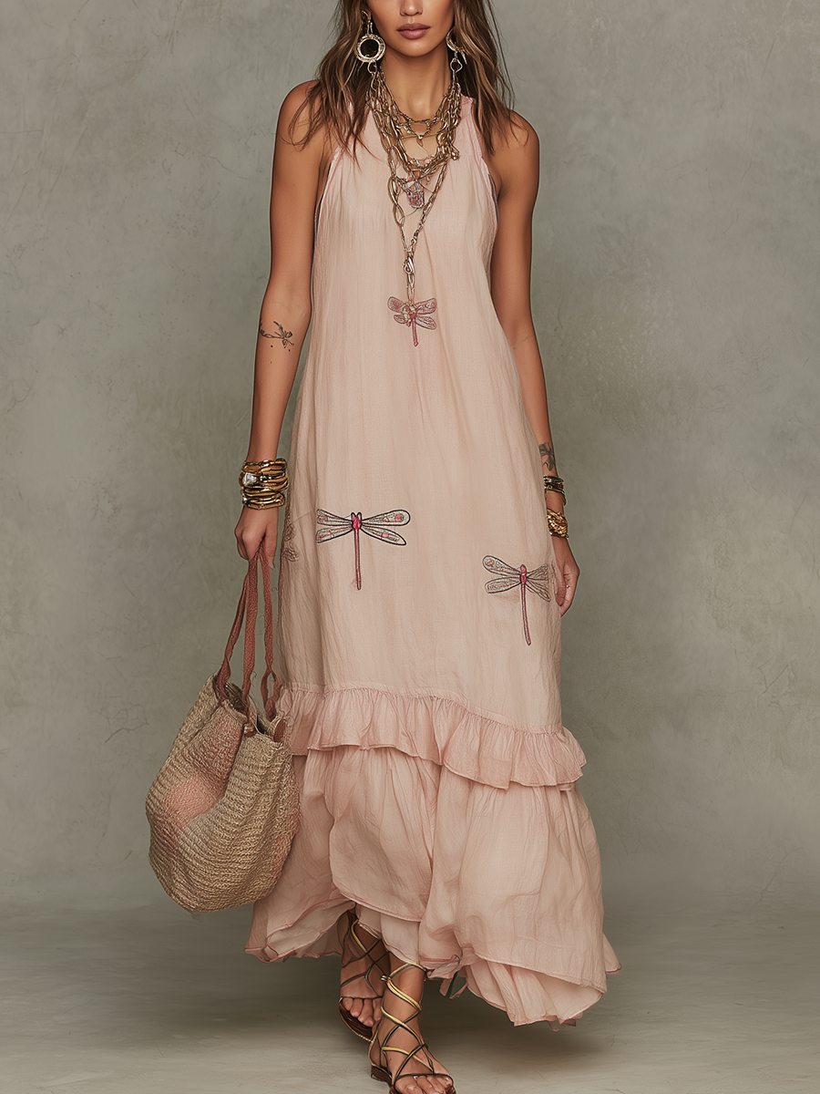 Robe Bohème Brodé Libellule Vintage
