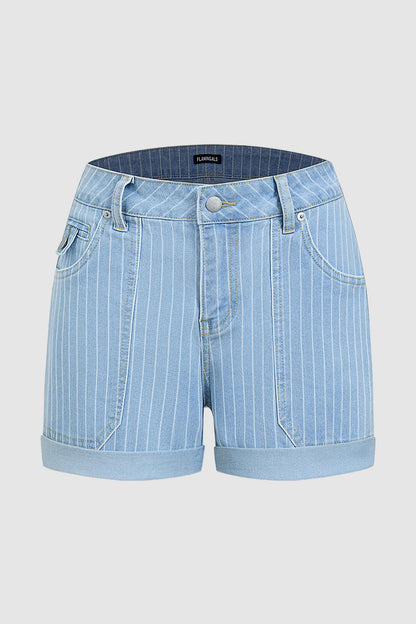 Striped Patch Pocket Roll Hem Mid Rise Denim Shorts Without Belt