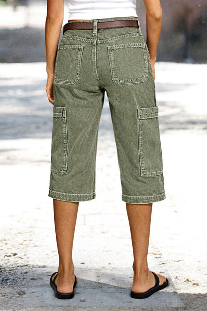 Stitch Detail Side Pocket Mid Waist Straight Leg Capri Pants Without Belt