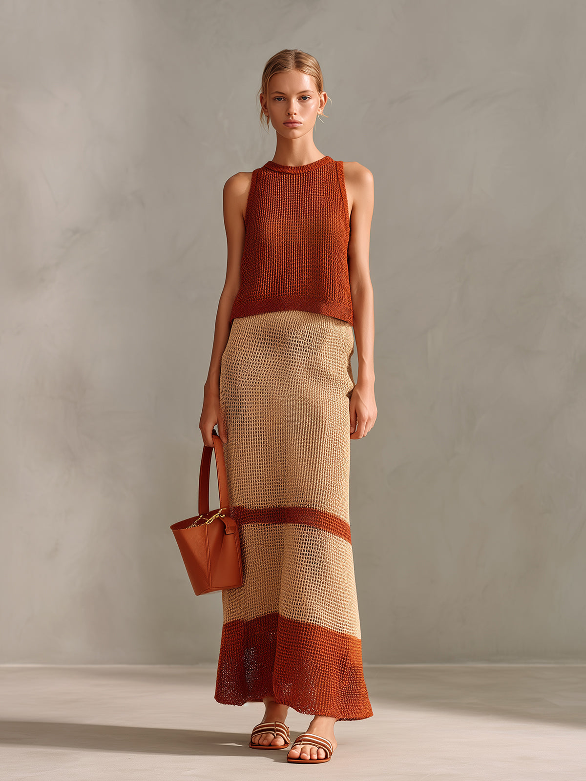 Chic Elegant Caramel-Beige Colorblock Round Neck Sleeveless Vest A-Line Maxi Skirt Knit Two-Piece Set