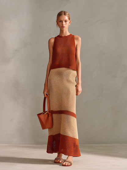 Chic Elegant Caramel-Beige Colorblock Round Neck Sleeveless Vest A-Line Maxi Skirt Knit Two-Piece Set
