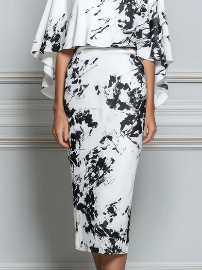 Abstract Print Sheath Dress With Detachable Capelet
