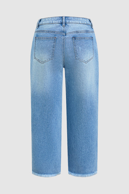 Raw Hem Ripped Mid Waist Straight Leg Crop Jeans