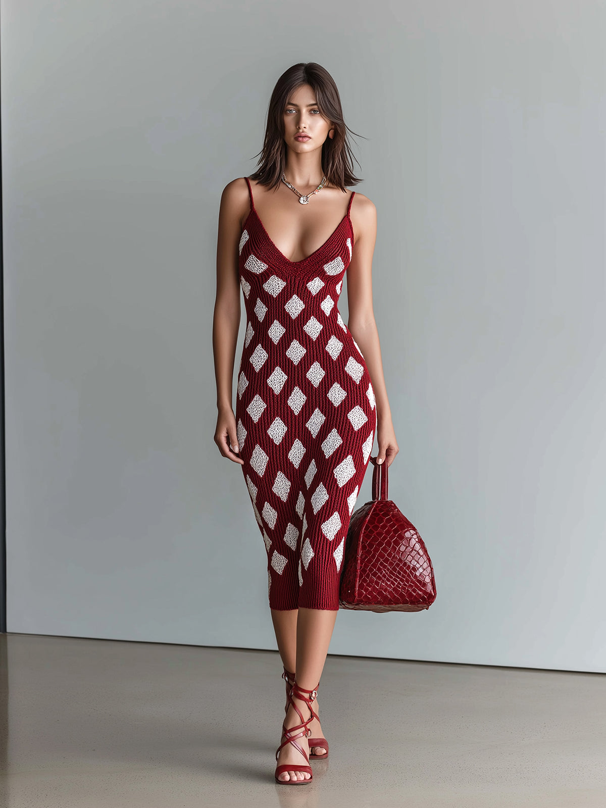 Chic Elegant Burgundy-White Argyle Jacquard V-Neck Sleeveless Slim-Fit Ribbed Knit Bodycon Midi Dress
