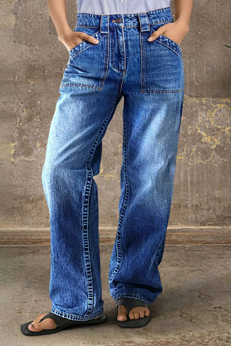 Wash Multi Pocket Mid Rise Straight Leg Jeans