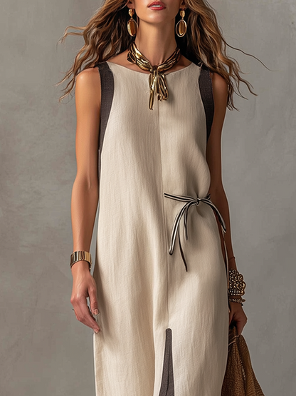 Robe longue Bohème en Lin à blocs de couleur avec ceinture