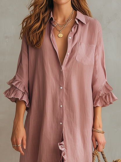 Robe longue chemise boutonnée à volants romantique