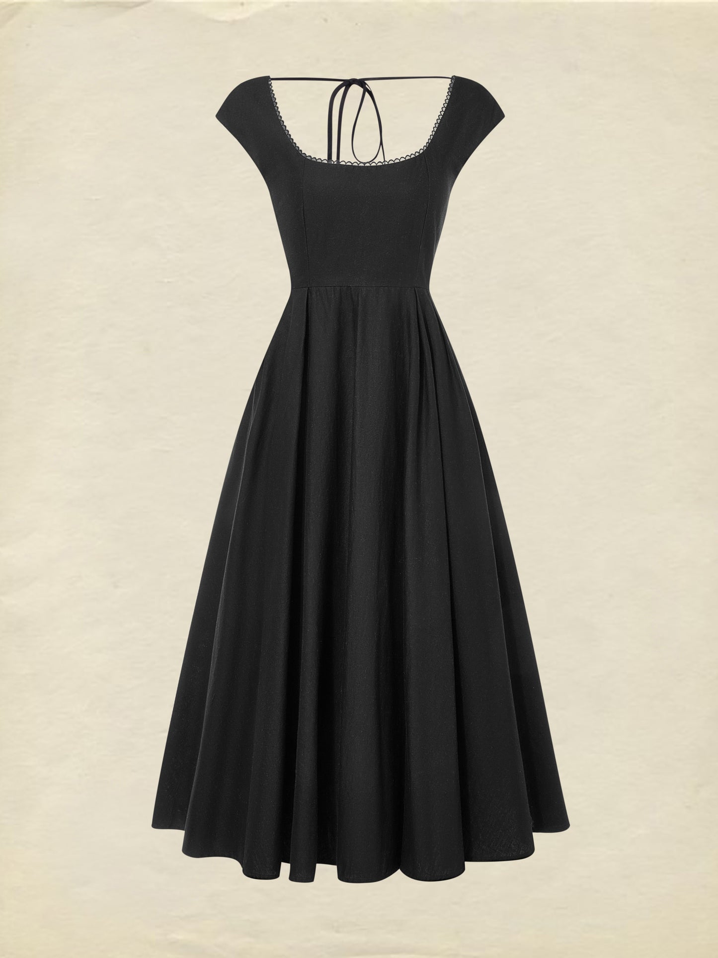 Robe Midi en Lin, Sans Manches, Col en Dentelle, Unie, Dentelle, Vintage Français, Noir