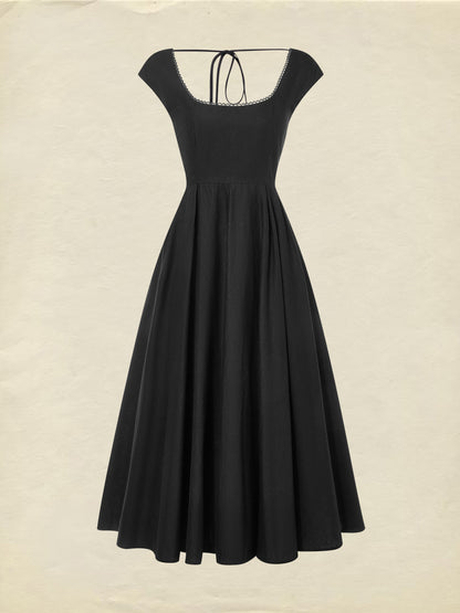 Robe Midi en Lin, Sans Manches, Col en Dentelle, Unie, Dentelle, Vintage Français, Noir