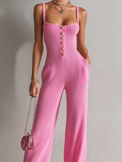 Chic Elegant Hot Pink Square-Neck Sleeveless Gold Button Details Slim-Fit Wide-Leg Ribbed Knit Jumpsuit