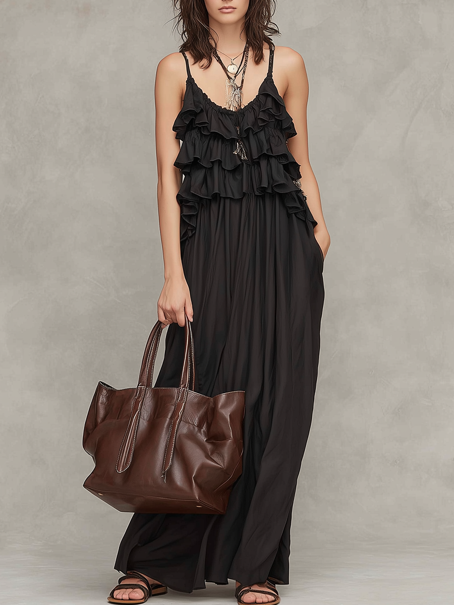 Robe longue romantique à volants et à fines bretelles