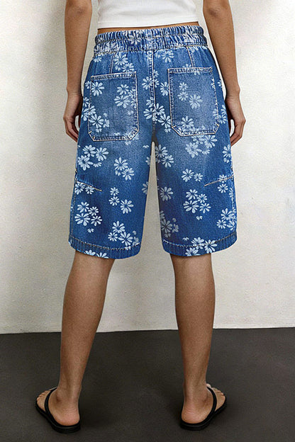 Floral Print Drawstring Mid Waist Denim Bermuda Shorts