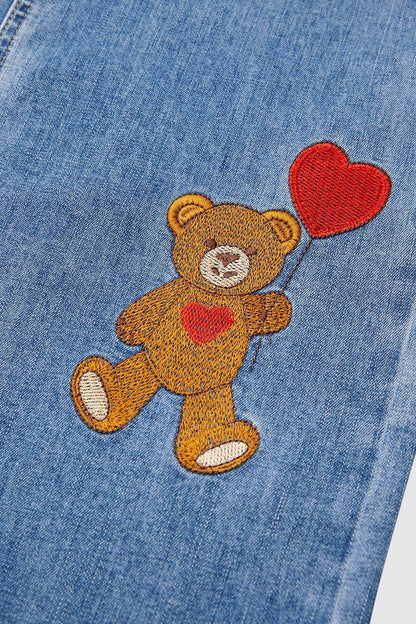 Valentine's Day Pattern Embroidered Patch Pocket Mid Rise Straight Leg Jeans Without Belt