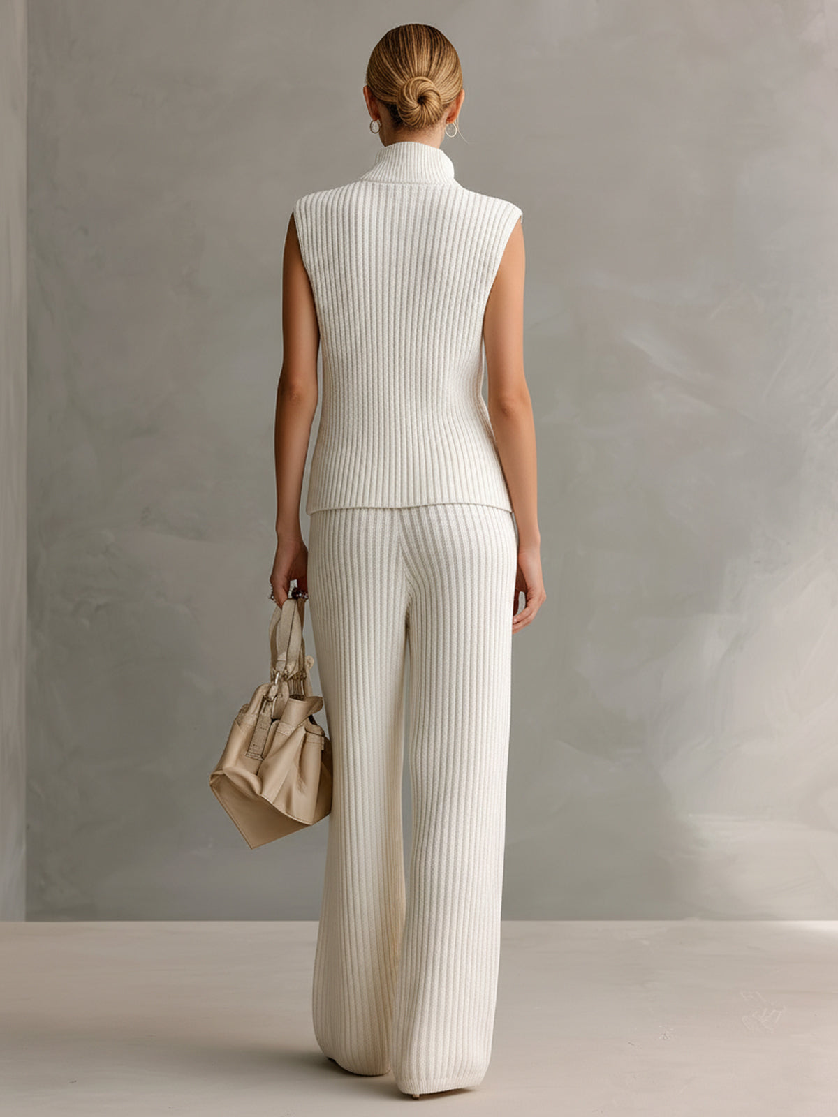 Chic Elegant Cream White Zipper-Up Stand Collar Sleeveless Tank Top And Wide-Leg Pants Ribbed Knit Two-Piece Set