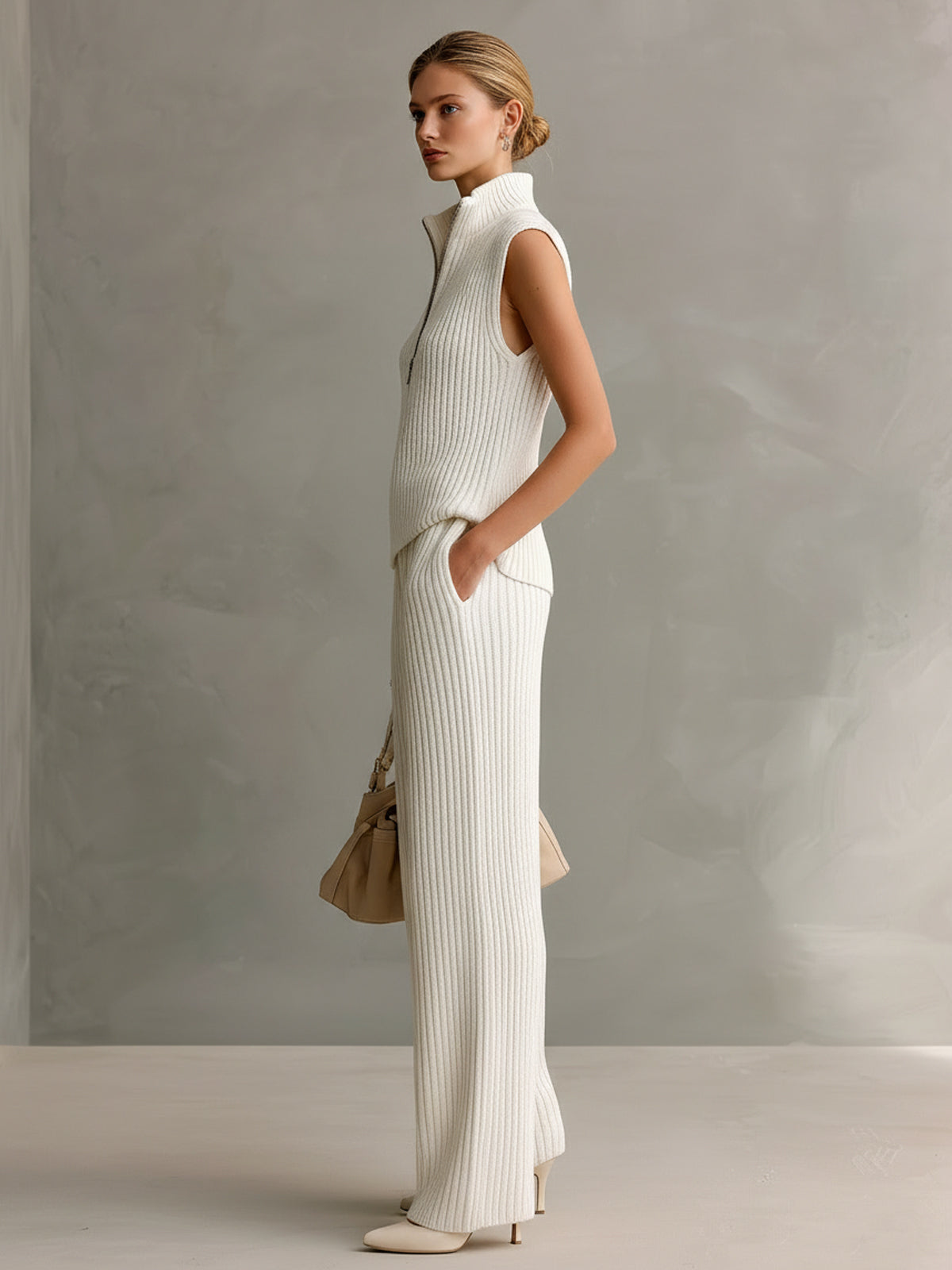 Chic Elegant Cream White Zipper-Up Stand Collar Sleeveless Tank Top And Wide-Leg Pants Ribbed Knit Two-Piece Set