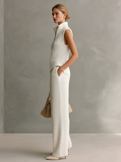 Chic Elegant Cream White Zipper-Up Stand Collar Sleeveless Tank Top And Wide-Leg Pants Ribbed Knit Two-Piece Set